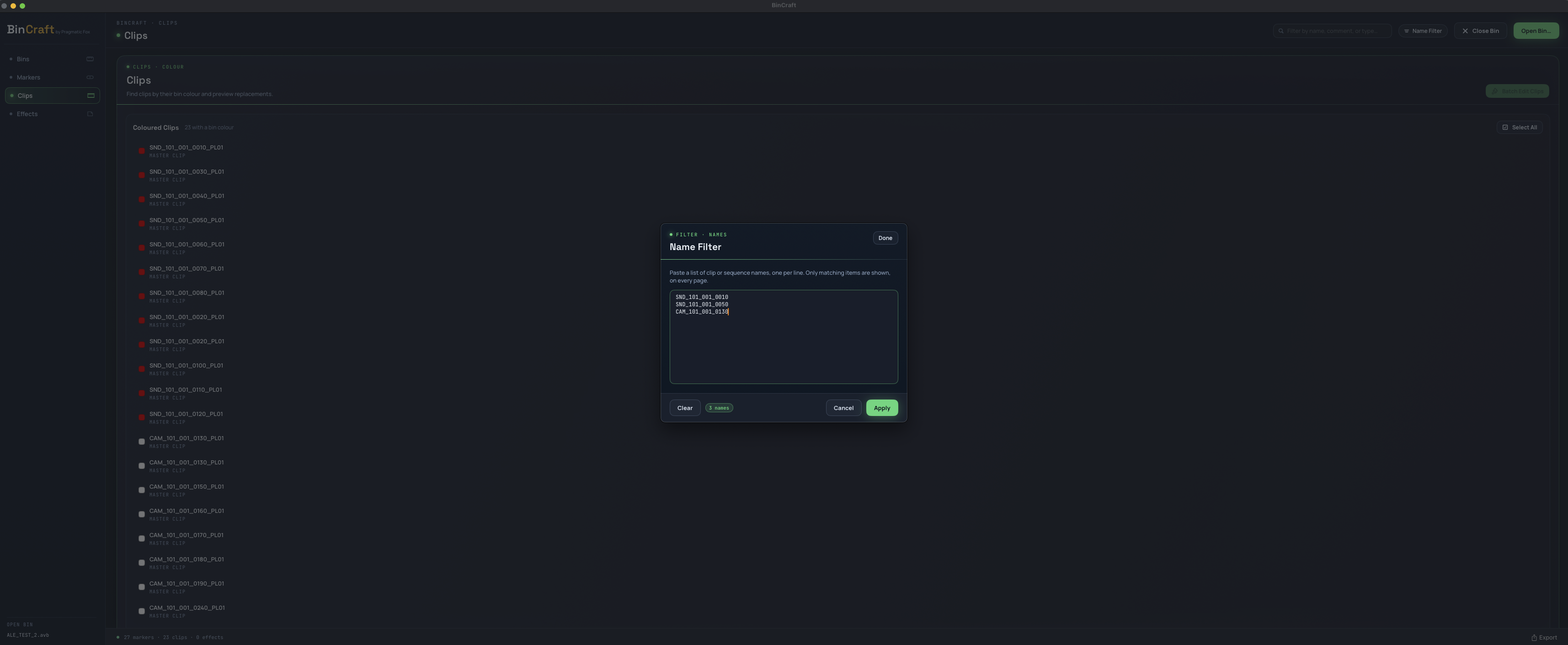 BinCraft name filtering